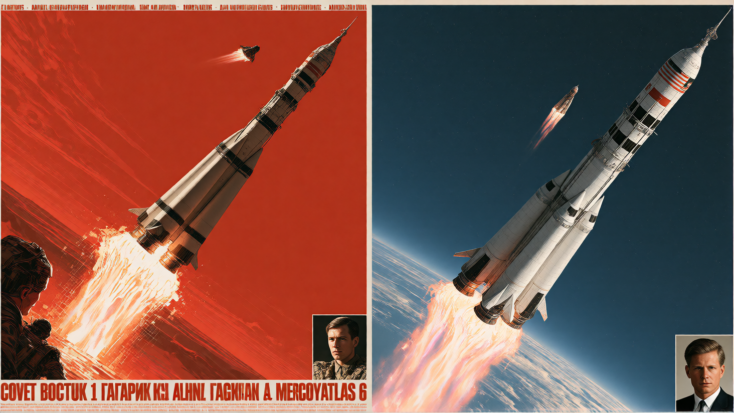Split-screen infographic comparing Soviet Vostok 1 and American Mercury-Atlas 6: left side shows the R7 rocket ascending against a red Soviet sky with Gagarin's capsule silhouetted at apogee, rendered in bold propaganda poster style with Cyrillic typ