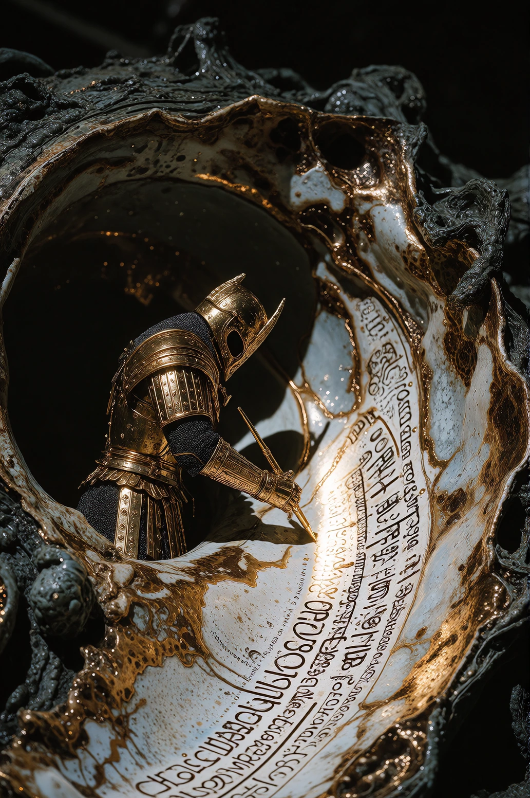 a Calligrapher Inscribing the inside of a shell; A Knight prepares for battle with the forces of unholy darkness, he knows a traitor is within his ranks, he hides this knowledge in the shell, his people will know to look there...