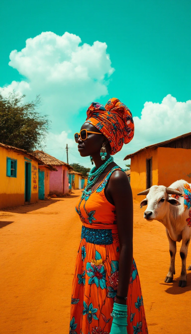 A high-quality, surréalist cinematic medium shot of a stylish West African woman in a vibrant orange and blue traditional headwrap and dress, wearing turquoise earrings and sunglasses. She is standing on a dusty orange dirt road in a village with bri