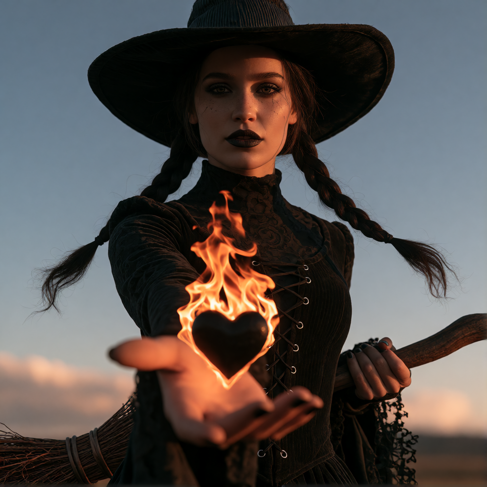 A beautiful brunette Witch, pretty make up gothic vibe with pig tail braids flies on a broom and holds out her hand offering a black heart shape with