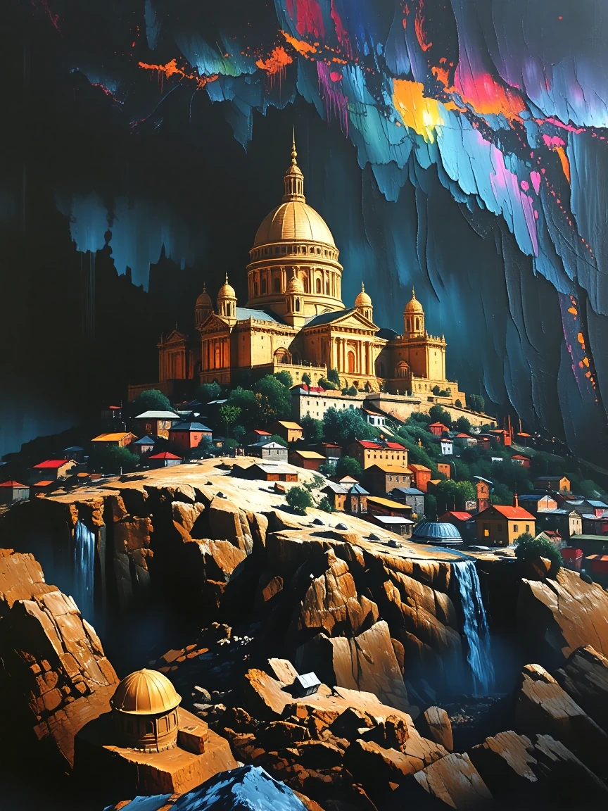 An original giant black canvas with a golden sentinel hill type city no watermarks