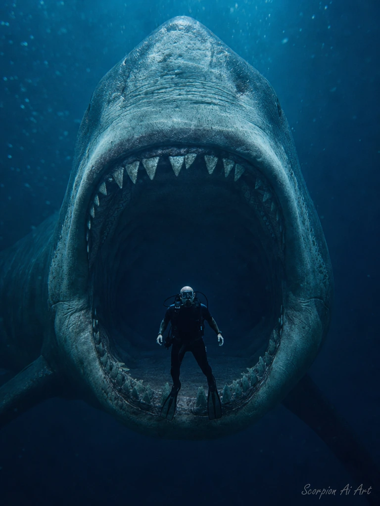 A colossal Megalodon surges from the deep, its mouth yawning open like an ancient canyon, rows of prehistoric teeth glinting in the blue gloom. A bald man with a trimmed beard and shaded scuba goggles floats before it — minuscule, fragile, a lone div
