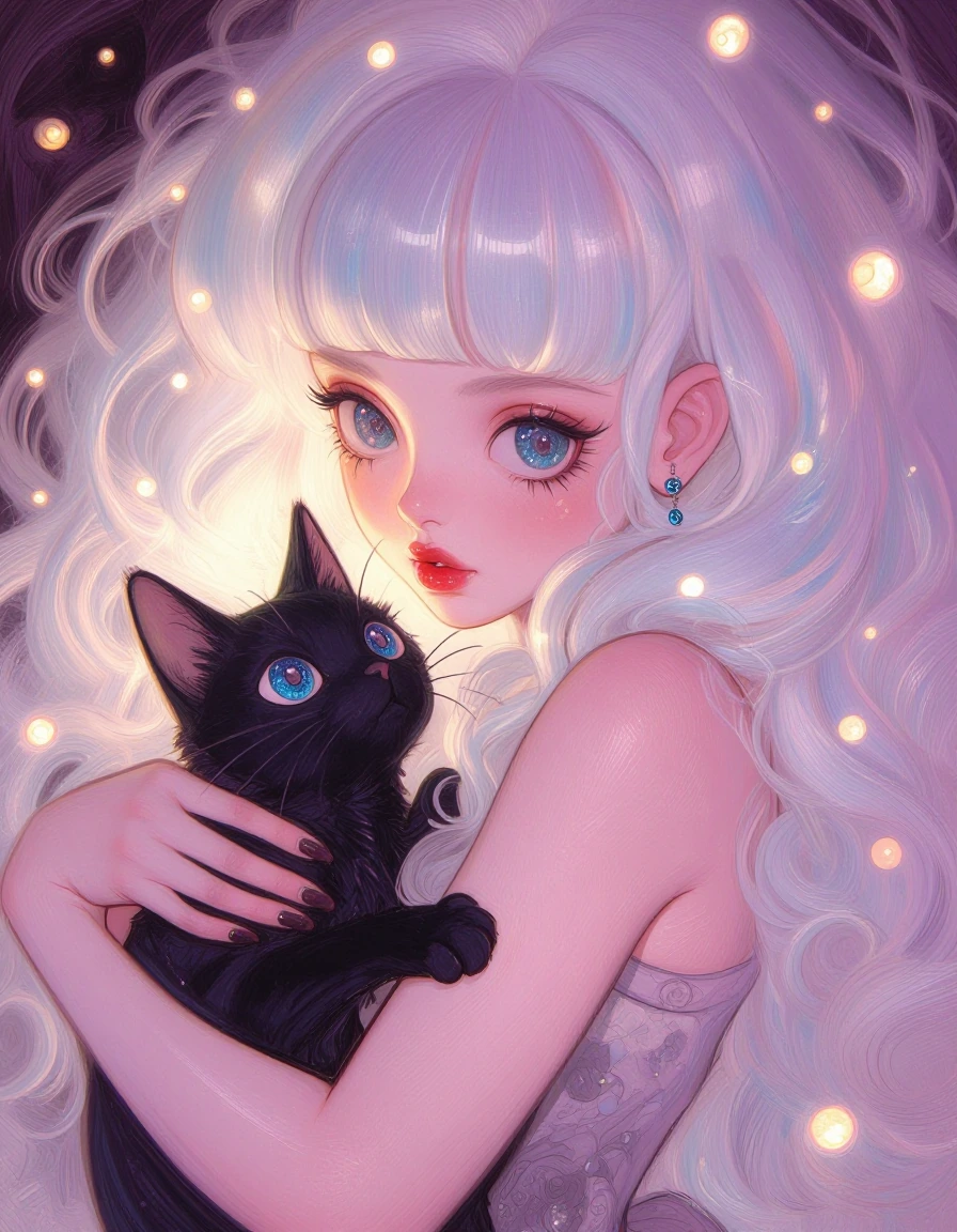 retro pop dark fantasy girl with her cat black glitter punk galaxy eyes