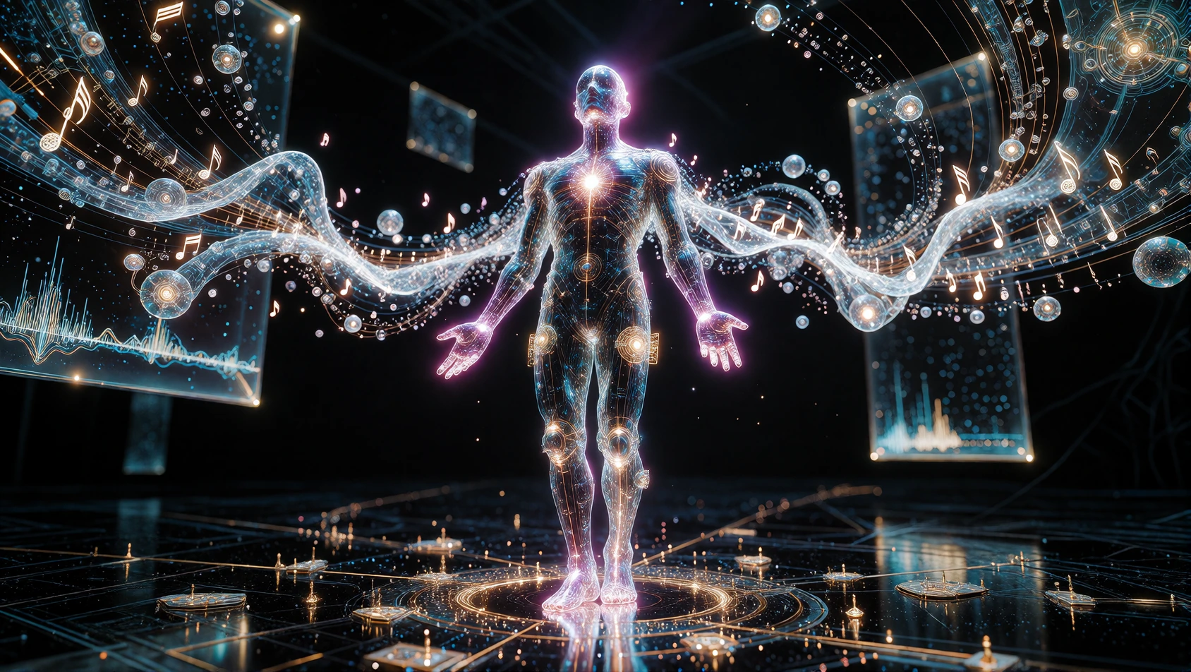 Capture a luminous humanoid figure of pure sound and light standing at the center of a vast dark studio, its body constructed from shifting translucent waveforms and glowing particles of cyan, magenta, and gold that pulse like a living equalizer. Sho