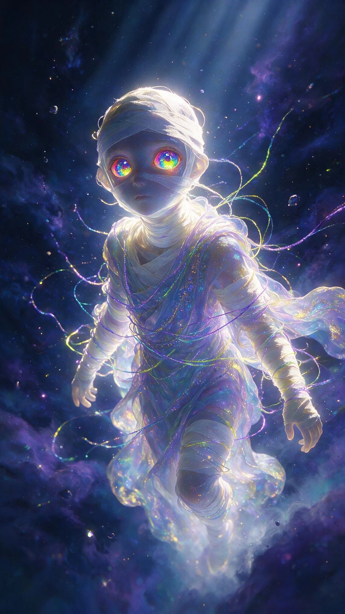 "A semi-translucent, ethereal figure in a dark, surreal, dreamlike void. Details: - The figure has a hauntingly beautiful face wrapped in faint bandages that pulsate and glow. - Incorporate luminous, shimmering threads that symbolize both constraint