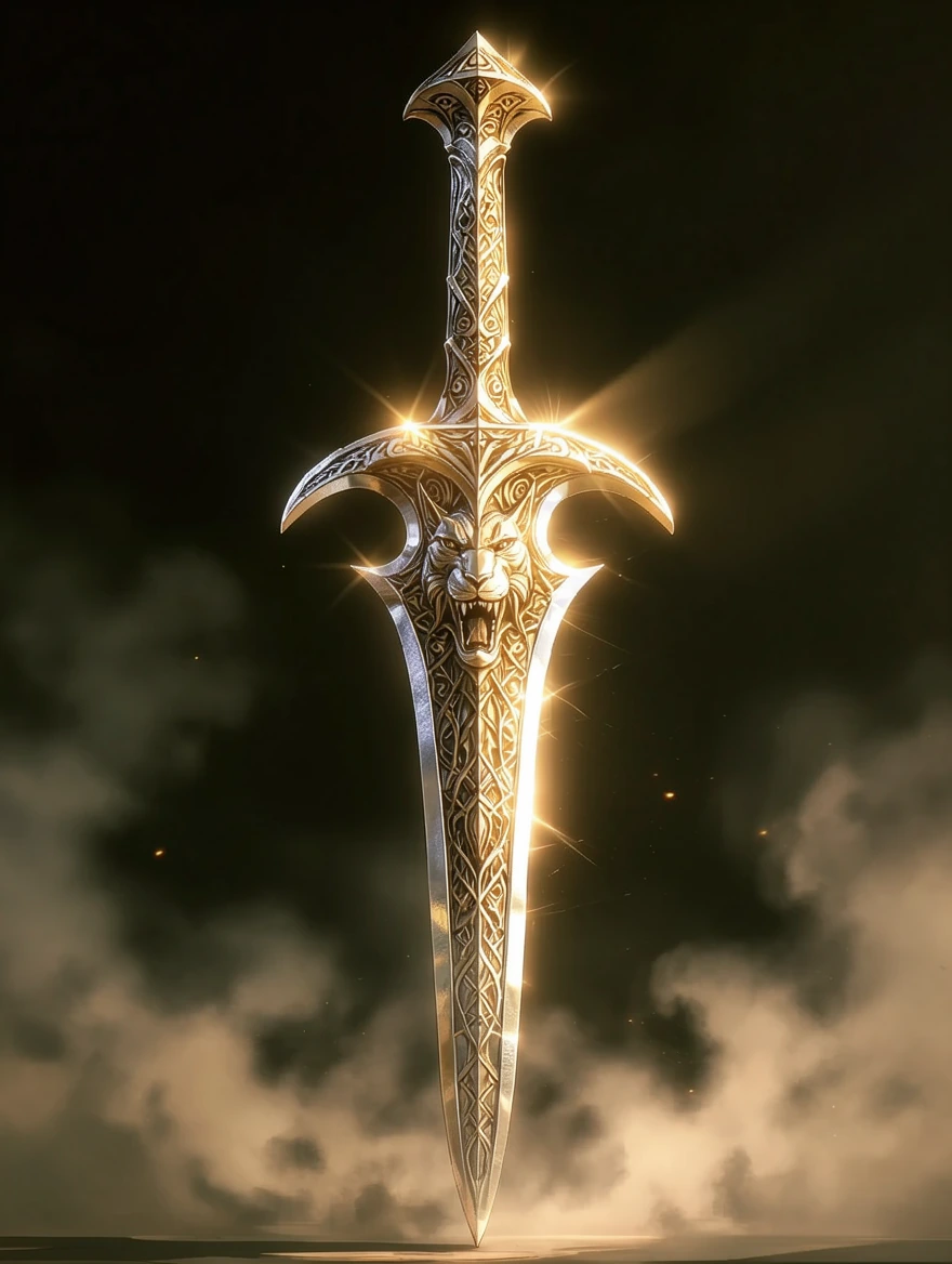 Savage ultra masculine leaf blade Sword of power, inset with a powerful animal spirit and it's likeness worked into the hilt. Light refracting Runes inscribe the blade, its dual edges burnished in shimmering silver that catch the sunlight blinding op