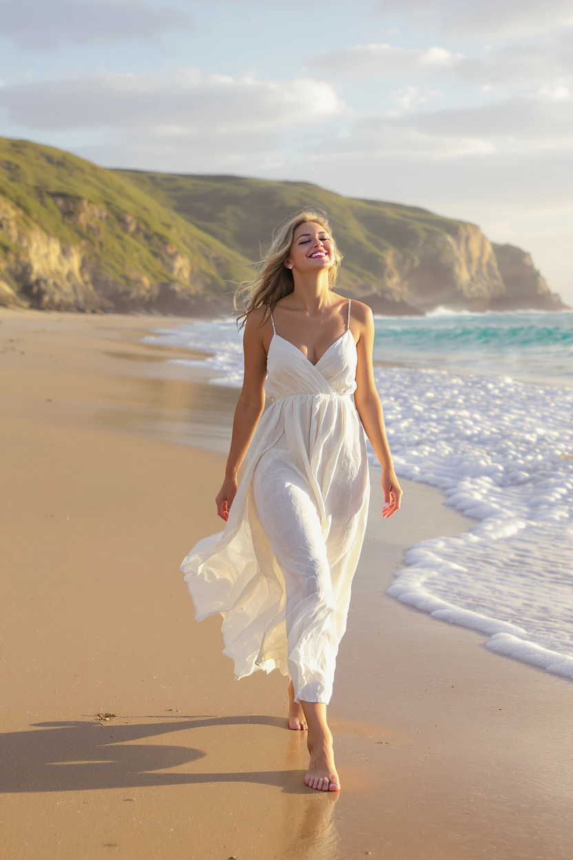 ​A high-resolution, candid photograph capturing a young, beautiful woman enjoying a pristine, untouched beach during the golden hour, early in the morning. The image should feel tactile and cool, not hot, emphasizing the freshness of the coastal air.
