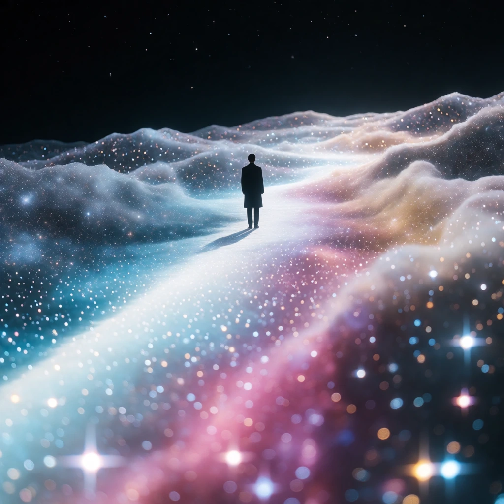 A solitary human silhouette standing on a luminous path across an infinite cosmic landscape, the figure small and centered slightly above the lower third, dressed in a dark suit or long coat, facing away into a vast sea of stars that stretches like r