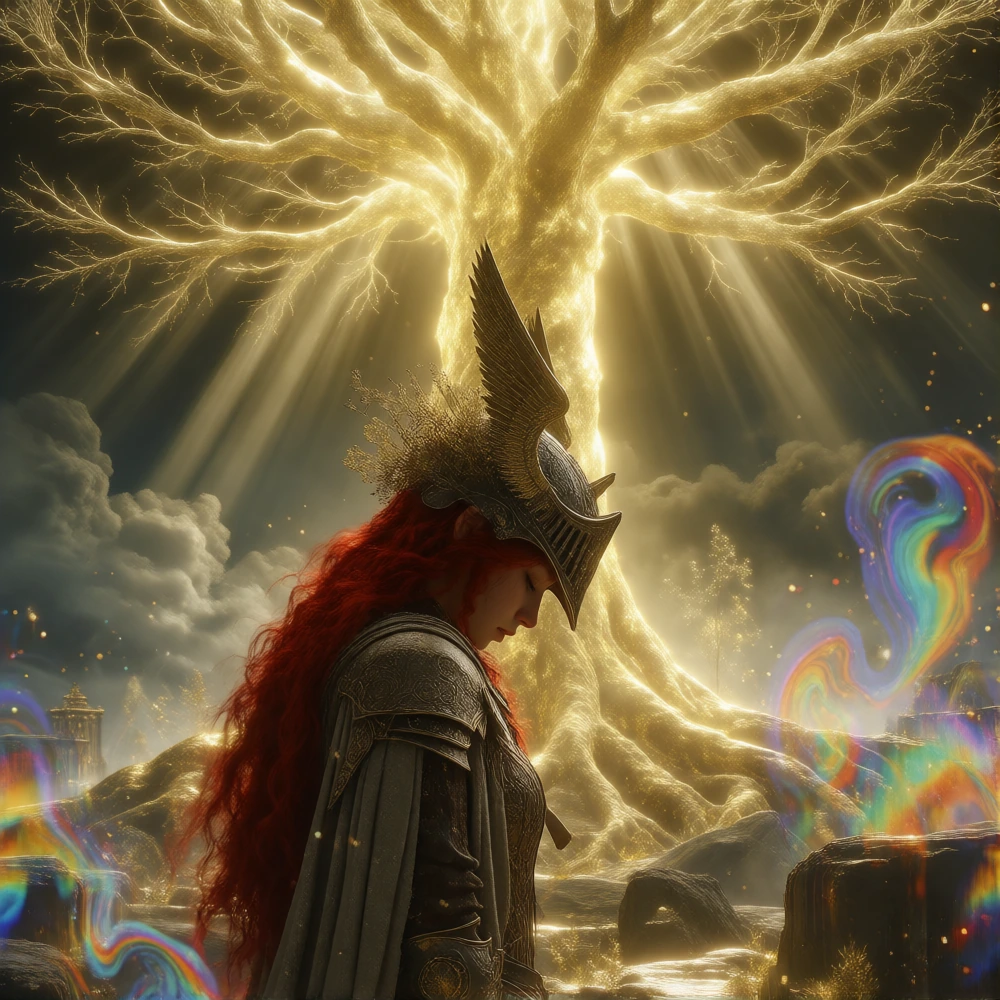 masterpiece, best quality, amazing quality, very aesthetic, extremely detailed, very detailed, absurdres, newest, highres, score_9, score_8, score_7,wlopstyle, malenia blade of miquella, 1girl, long hair, red hair, red lips, covered eyes, armor, head