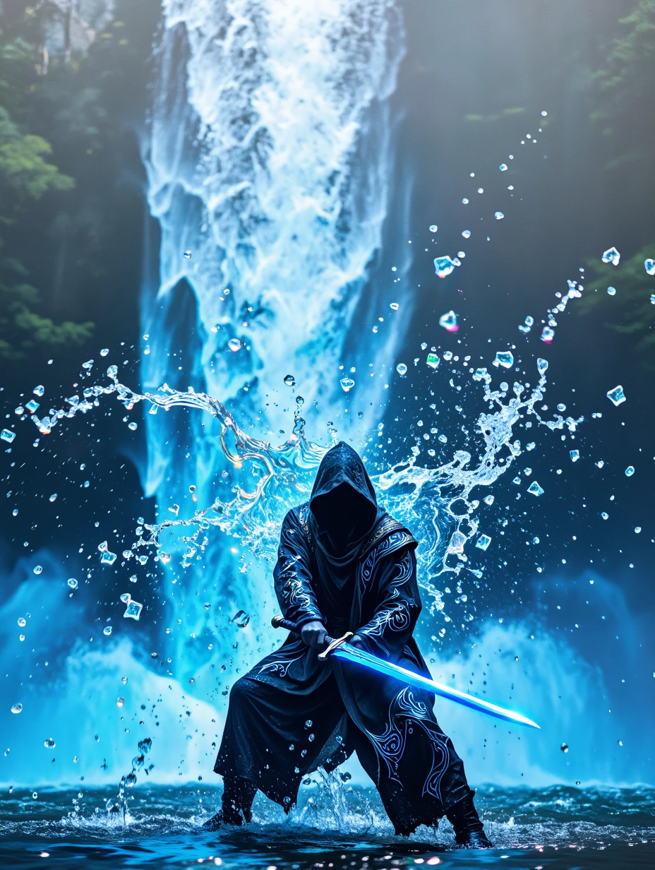 a hooded figure wielding a glowing blue sword, standing in a turbulent, waterfall-filled forest. The figure is dressed in a dark, flowing robe with intricate, almost ethereal patterns. Water splashes dramatically around the figure, with droplets froz
