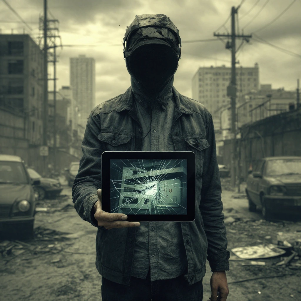 #dailyspark -- The last library on earth. A portriate of a person standing in a desolate city, holding a tablet. The screen is cracked. The last image that burned into the tiny display was, an image of a library card.