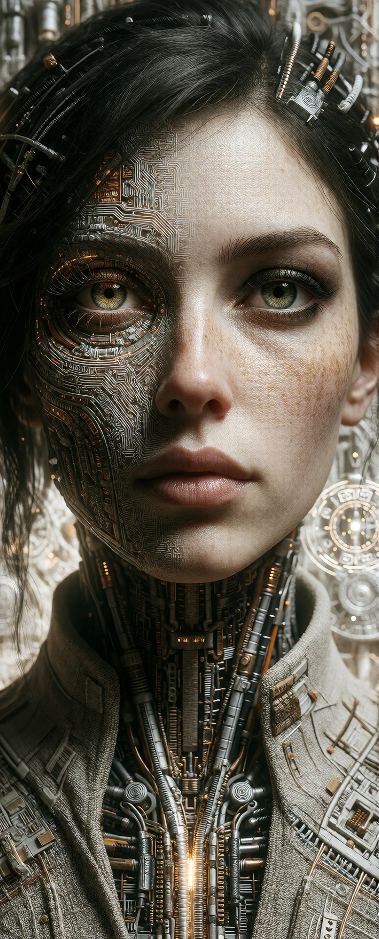 An ultra-long, narrow vertical portrait photograph (9:21 aspect ratio), captured with hyper-photorealism, focusing on a highly intricate female cyborg. The right side (her left) of her face features flawless, pore-level textured skin with natural fre