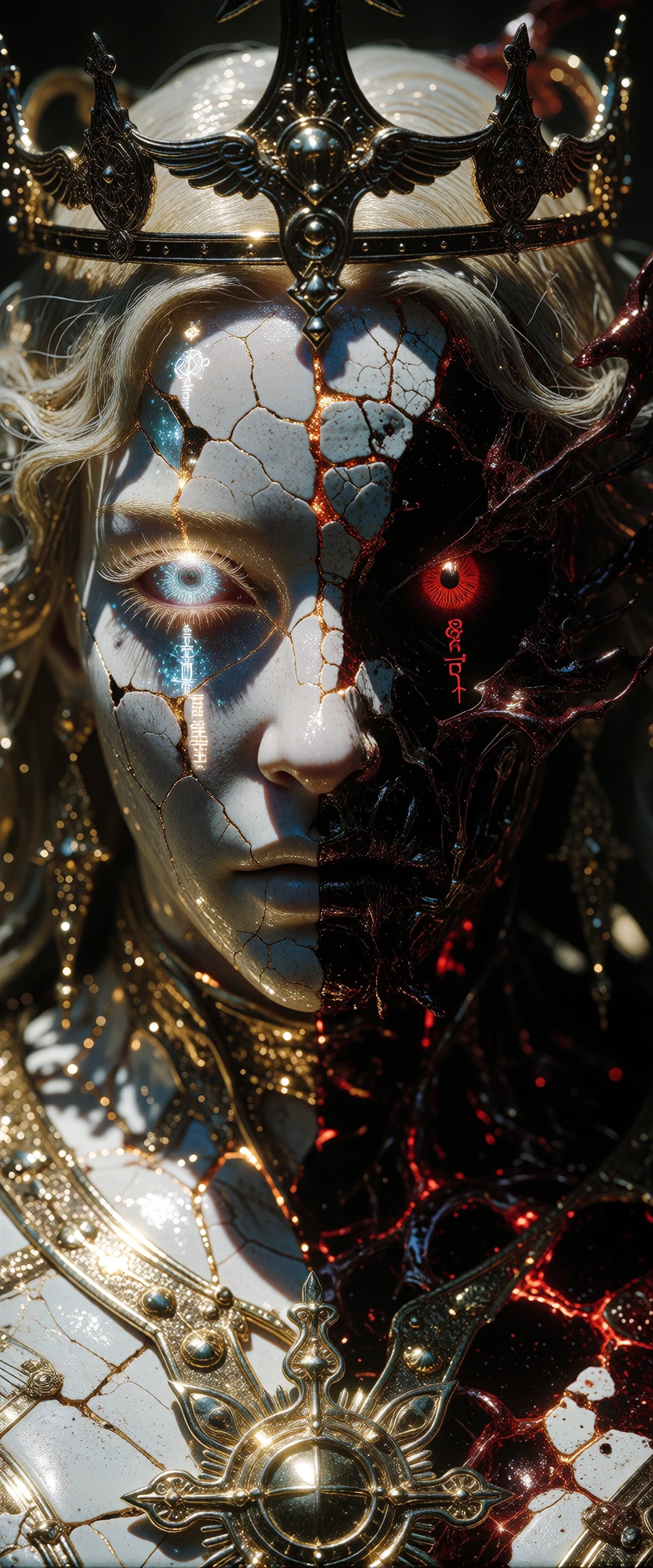 ​A dramatic, high-resolution first-person perspective portrait of a beautiful, cracked-porcelain angel undergoing a violent, internal corruption. She wears an intricate, filigreed silver and gold crown adorned with small, elegant angelic wings. Her f