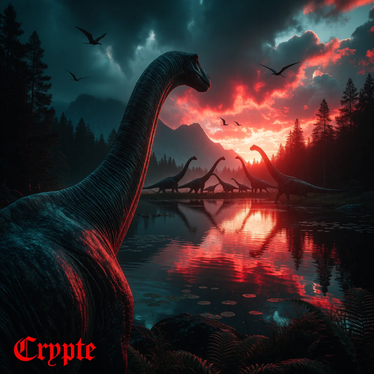 A highly detailed, cinematic-style wide-angle photograph depicting a prehistoric landscape at the moment of a spectacular sunset. In the foreground, an imposing brachiosaurus is shown in close-up profile, its long neck rising high within the frame, i