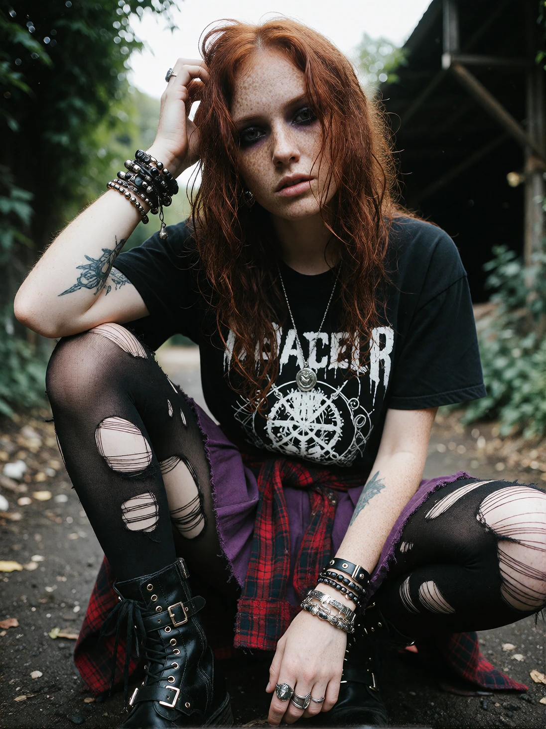 A 25-year-old woman with long wavy auburn hair with soaked strands across her face, freckles, dark smoky eye makeup, no tattoos. She wears a black rocker t-shirt with a faded white graphic, a red flannel shirt tied around her waist, a purple pleated 