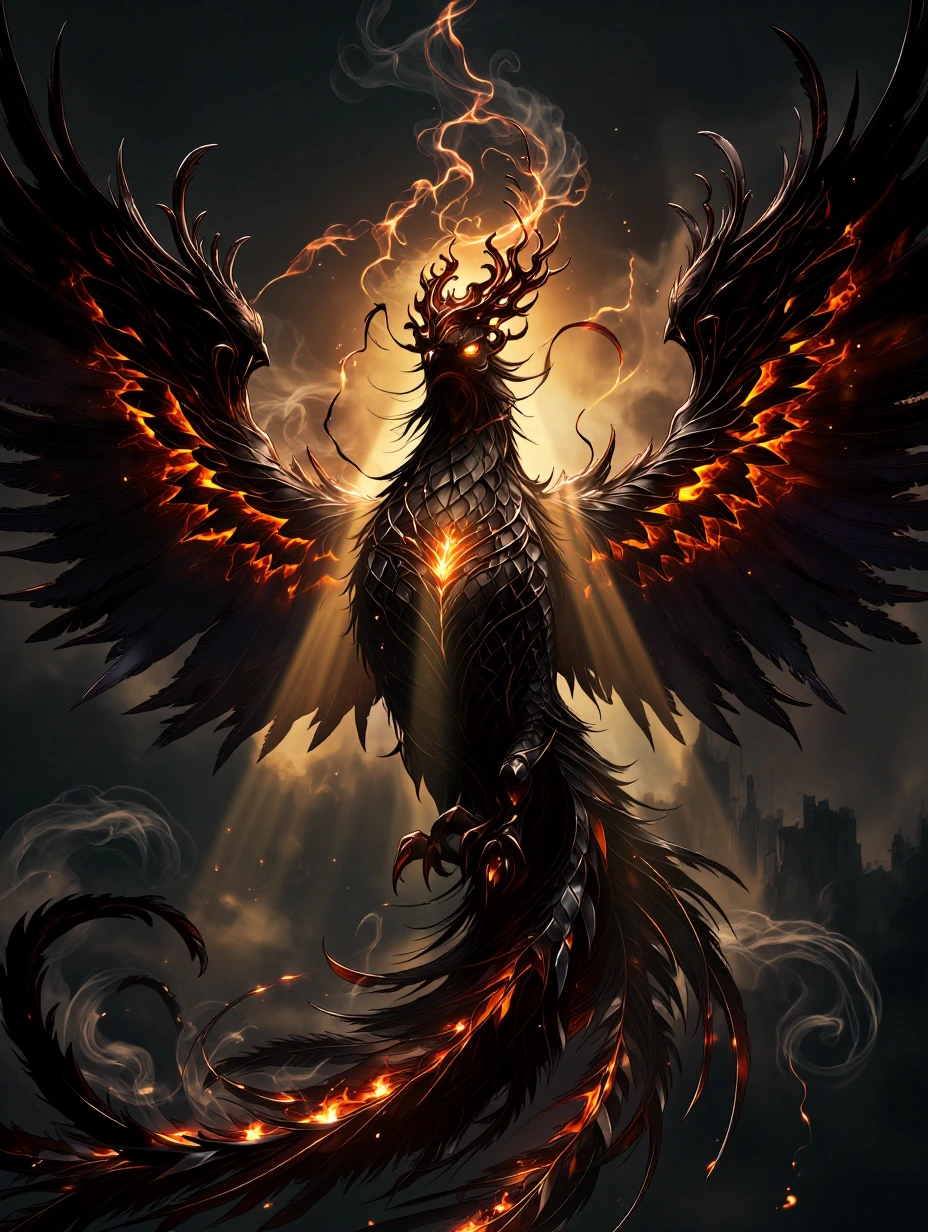 A majestic phoenix rising from ethereal shadows, wings spanning impossibly wide with feathers of deep obsidian black and midnight purple, edges glowing with molten amber and crimson fire, piercing golden eyes blazing with ancient wisdom, body wreathe