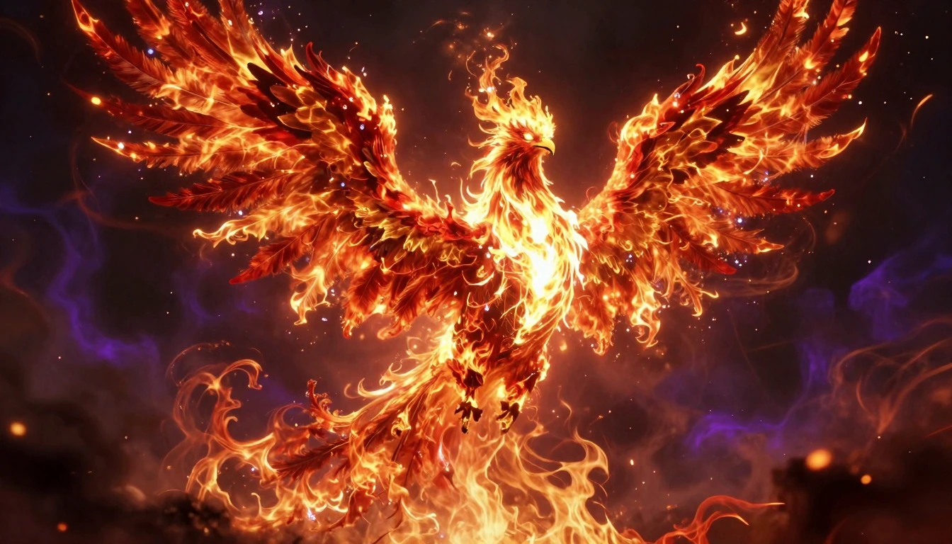A majestic phoenix erupting from a vortex of living flame, wings spanning impossibly wide and composed entirely of roaring fire and cascading sparks, each feather a blade of incandescent plasma shifting from deep crimson at the core to blazing amber