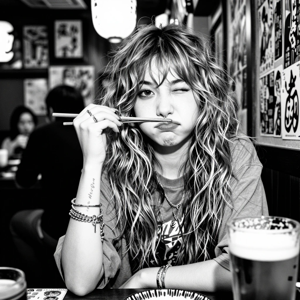 Prompt: High-quality black and white analog photography of a stylish young woman in a dimly lit Japanese izakaya. She is playfully posing with two wooden chopsticks held like a mustache over her upper lip and near her eye. She is winking with one eye