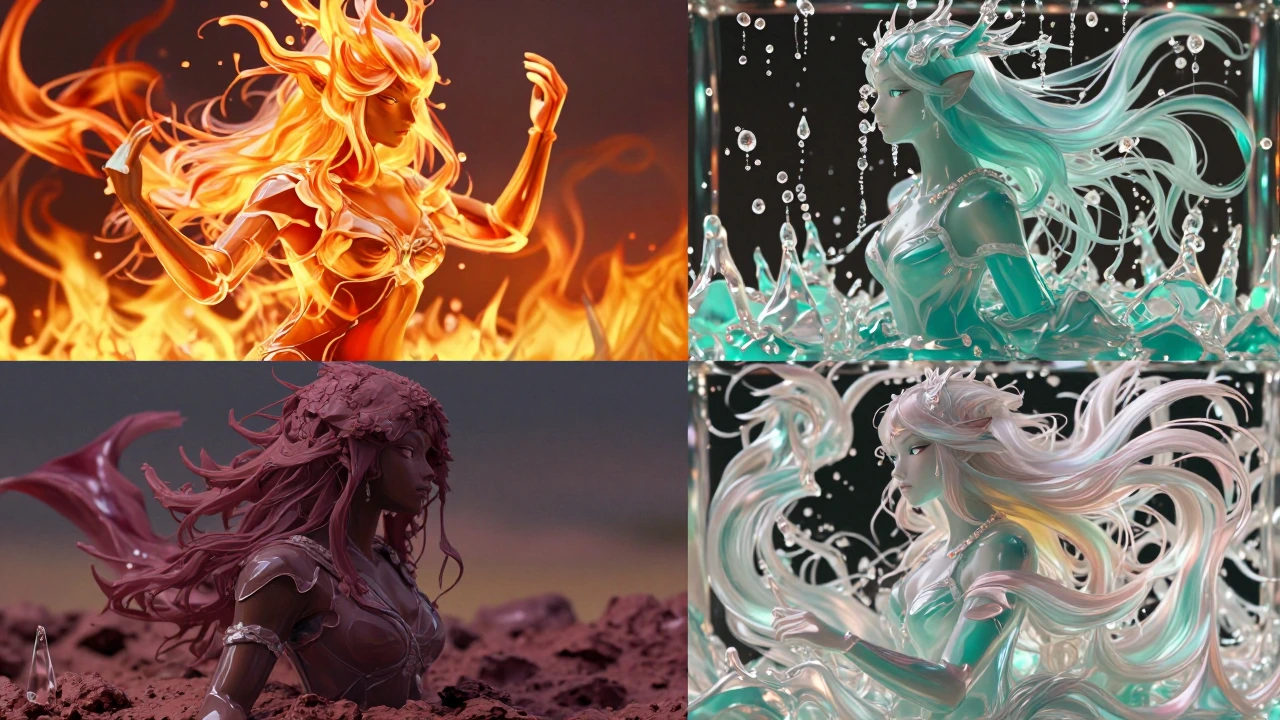 In the top left quarter, a fiery spirit wreathed in radioactive amaranth flames dances with intense energy, illuminating the surroundings with a warm 