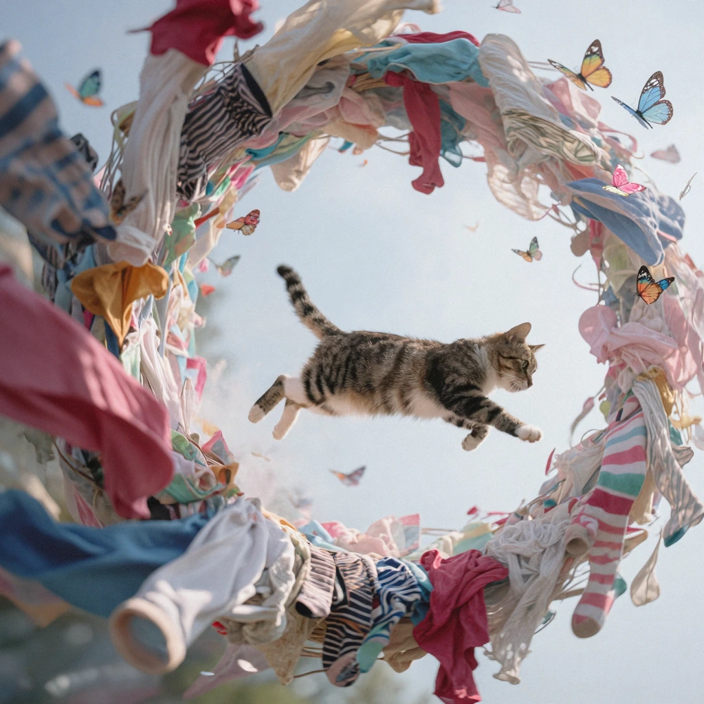 A tabby cat leaping through a swirling vortex of wind-stolen laundry, colorful socks and shirts transforming into butterflies mid-air, surreal dreamlike lighting with pastel colors bleeding into each other