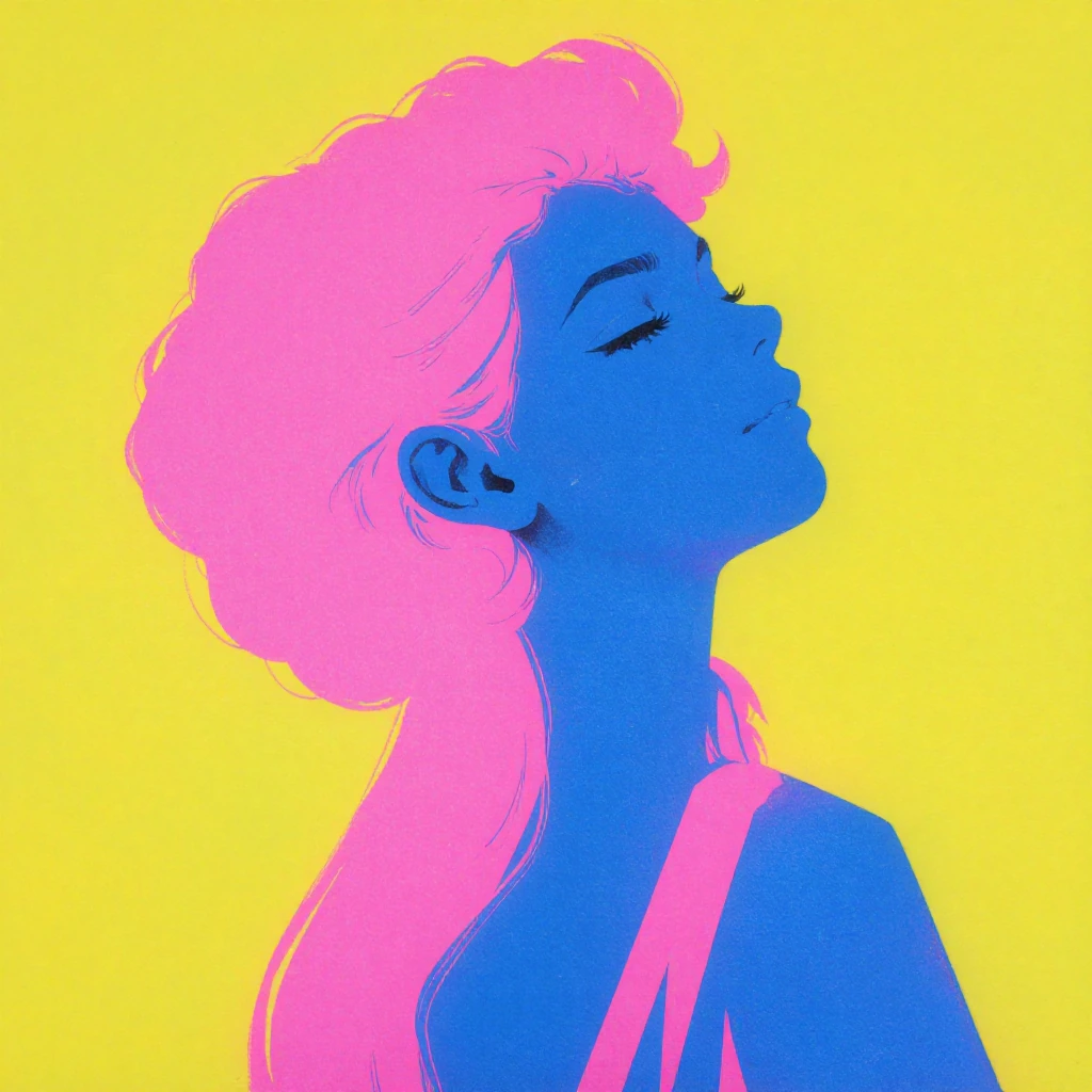 Woman in profile leaning back against a flat wall, rendered in bold flat color-blocking like a 1980s pop art silkscreen print—solid shapes of hot pink