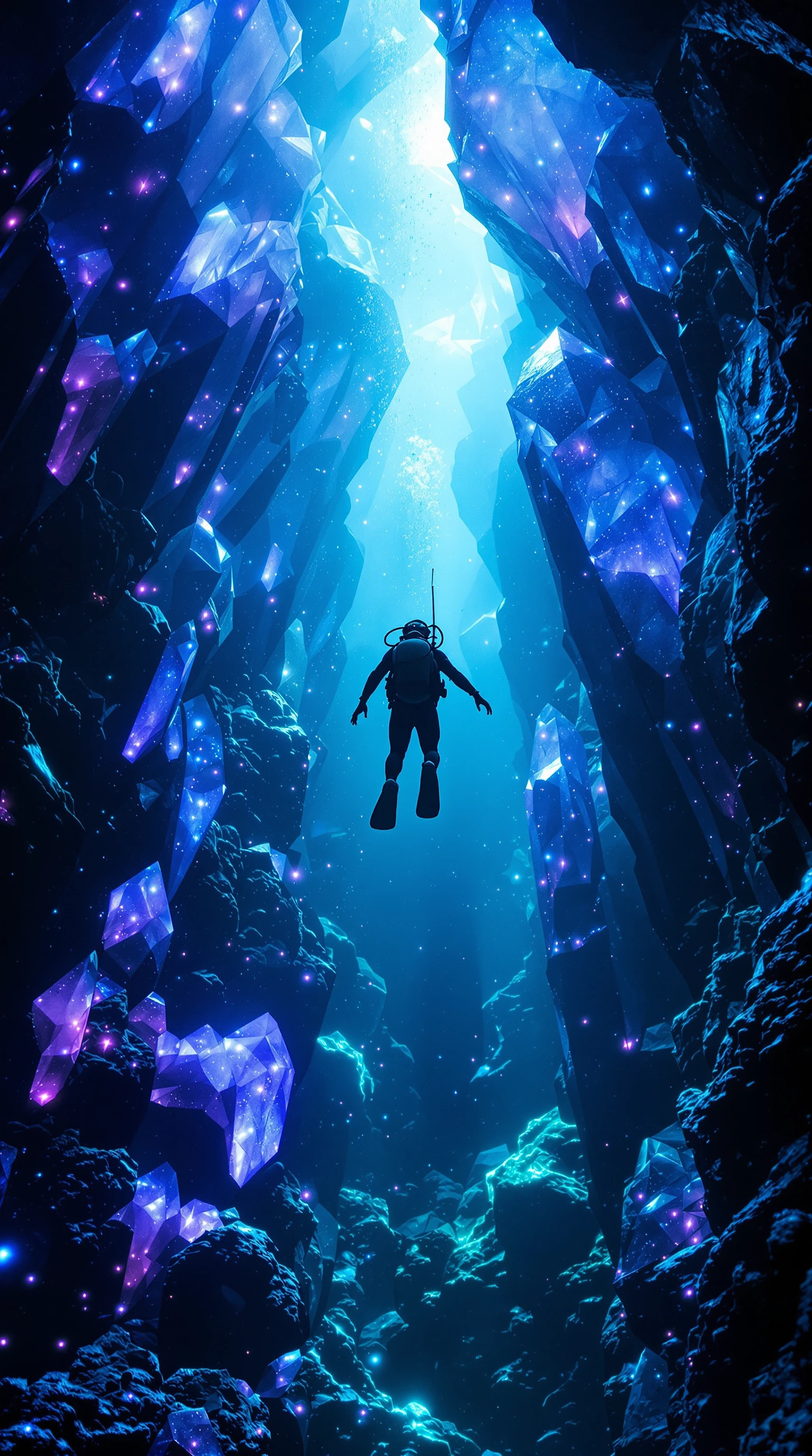scuba diver in full gear diving upward through center of frame, surrounded by massive glowing crystal formations on left and right sides, bioluminescent crystals in deep blues purples and emeralds, photorealistic, cinematic lighting with volumetric l