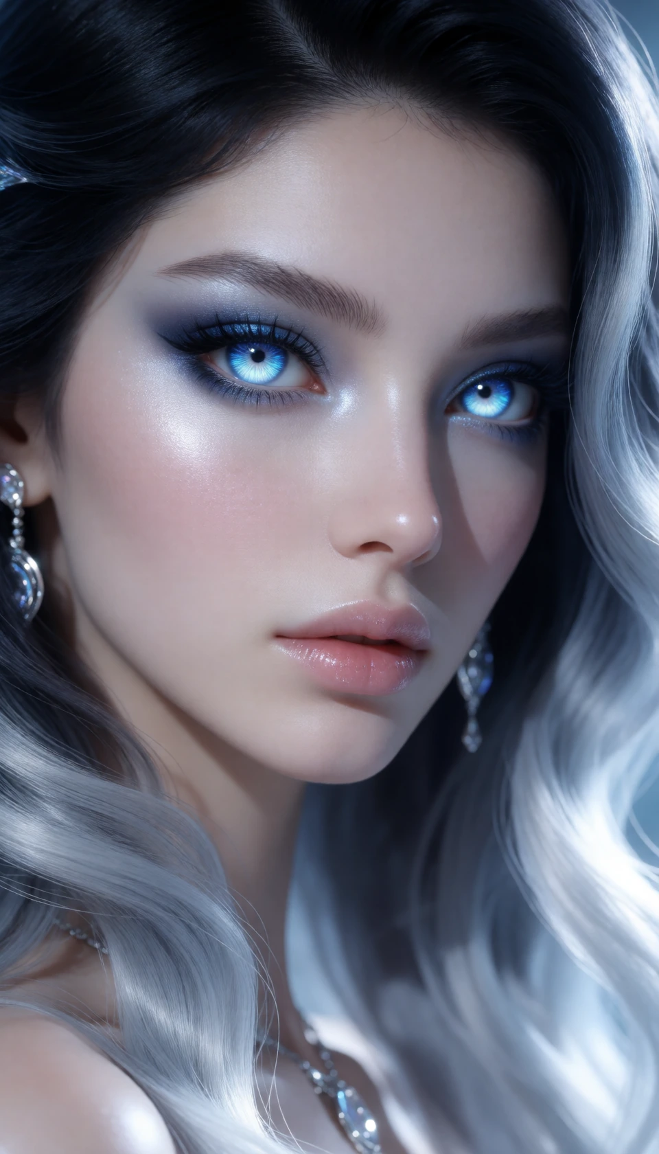 Close-up portrait of a beautiful supermodel from another dimension with striking, otherworldly eyes. Her irises are electric blue with a deep sapphire