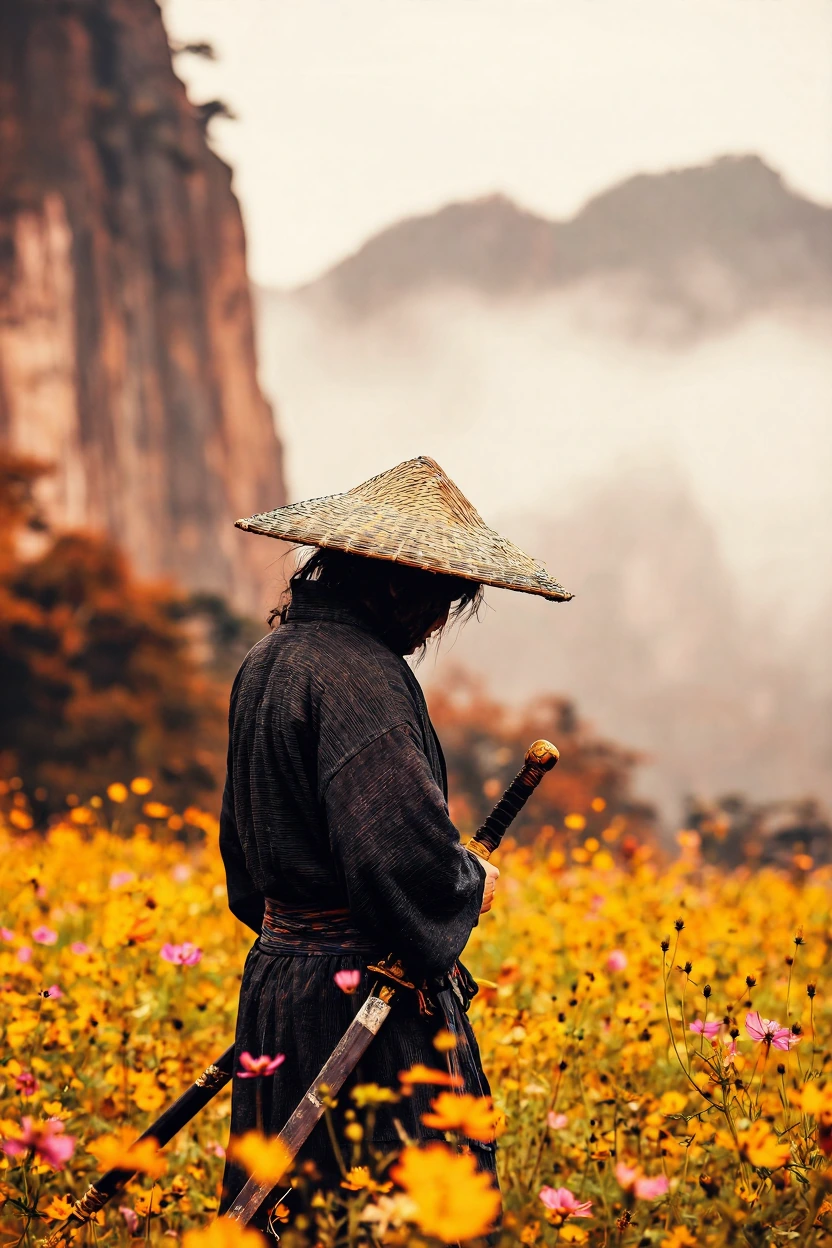 Full vertical composition of a wandering swordsman seen from behind, standing at rest in an open wildflower field, the figure wearing a wide deteriora