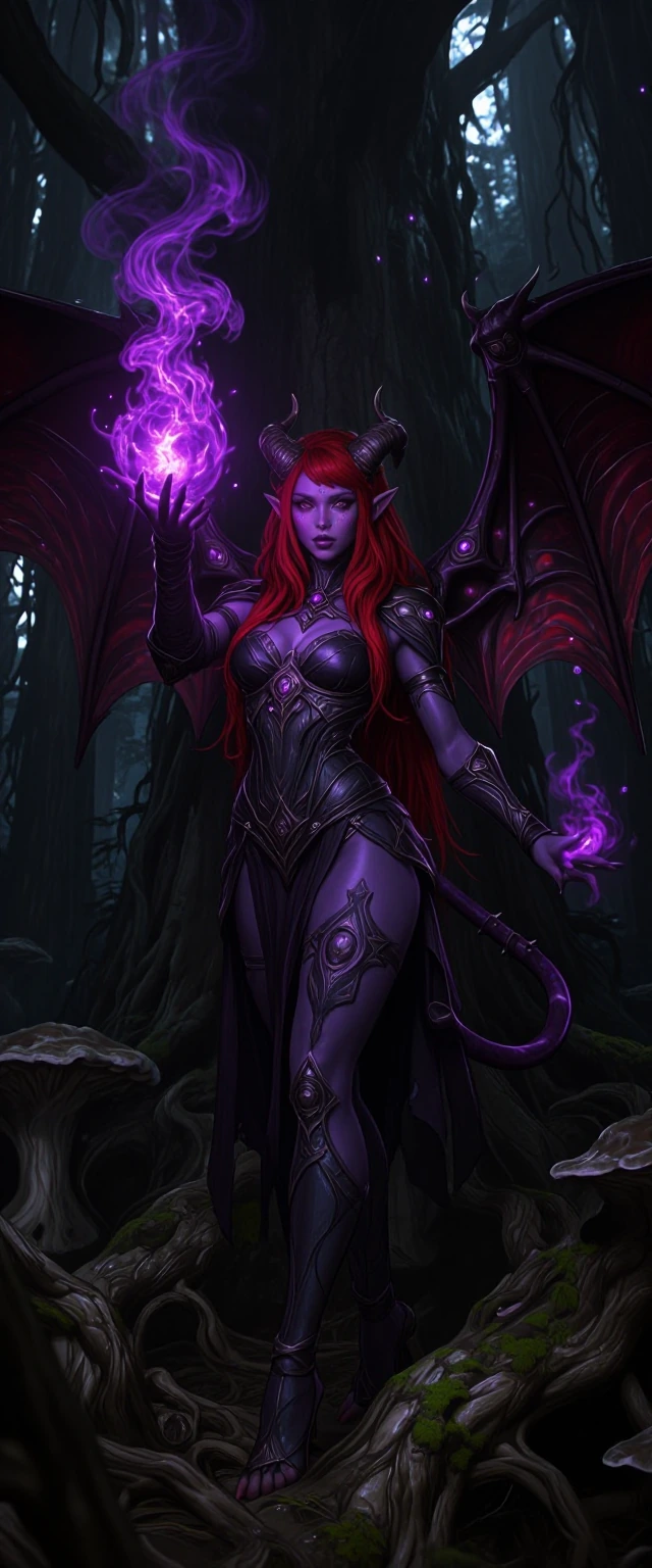 A highly detailed, photorealistic, cinematic fantasy photograph of a beautiful and fierce female demon-sprite. She has deep charcoal-purple skin with intricate, subtle silver and grey filigree patterns, wild, flowing crimson-red hair, curved dark ho