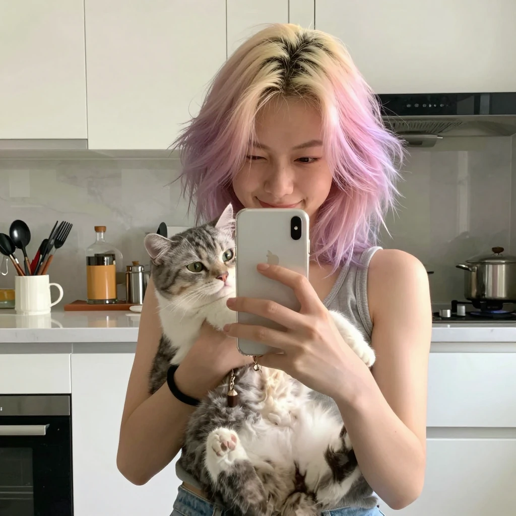Crazy girlfriend pastel hair taking a selfie with her cat in the kitchen in the morning. Chaotic scene.