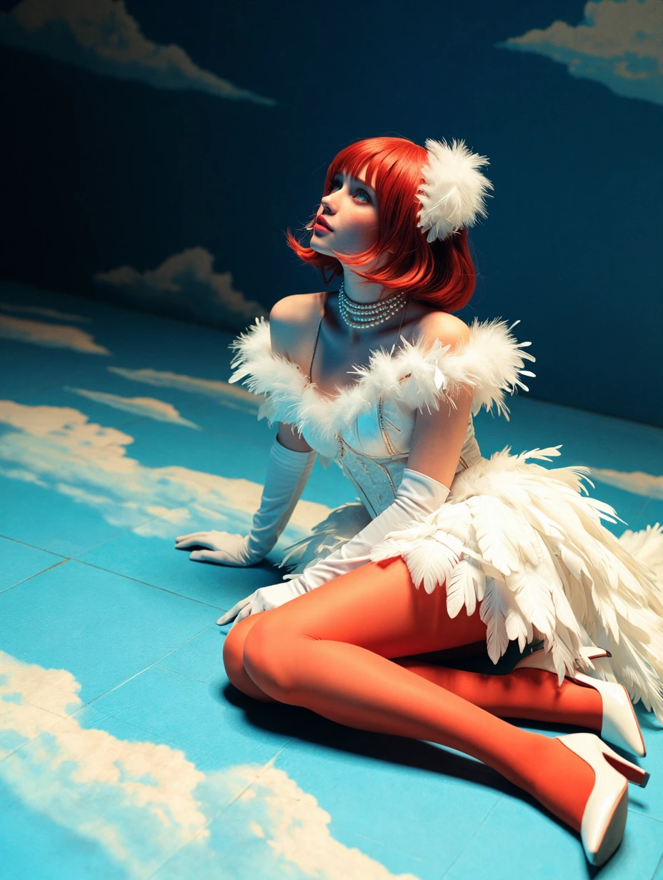 masterpiece, best quality, 1girl, solo, <lora:princesselise-illu-nvwls-v1-000006:1> pcsels, red hair, short hair, swept bangs, blue eyes, feather hair