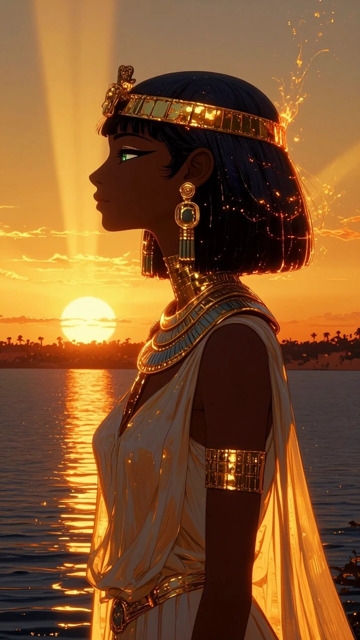 Egyptian princess in profile, silhouetted against a vast golden sunset over the Nile, wearing a sheer linen dress and hammered gold collar; her reddis