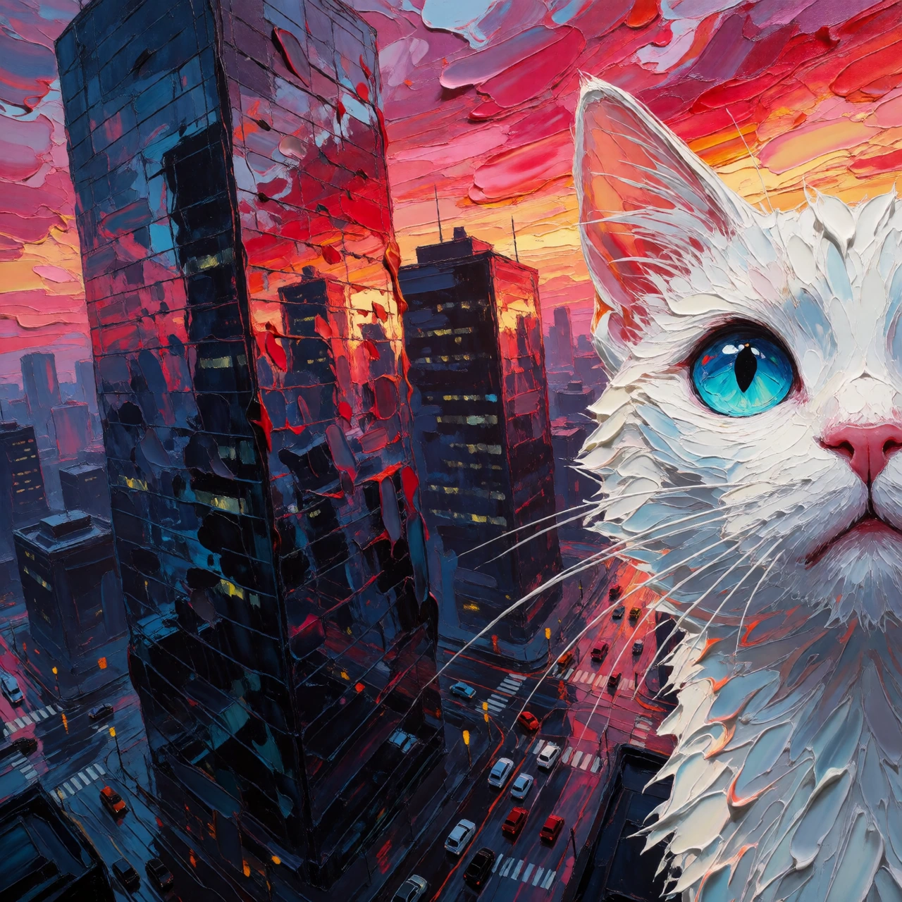Expressionist oil painting closeup white cat aqua eyes, towering urban skyscrapers at dawn, heavy impasto style featuring massive, thick globs of pain