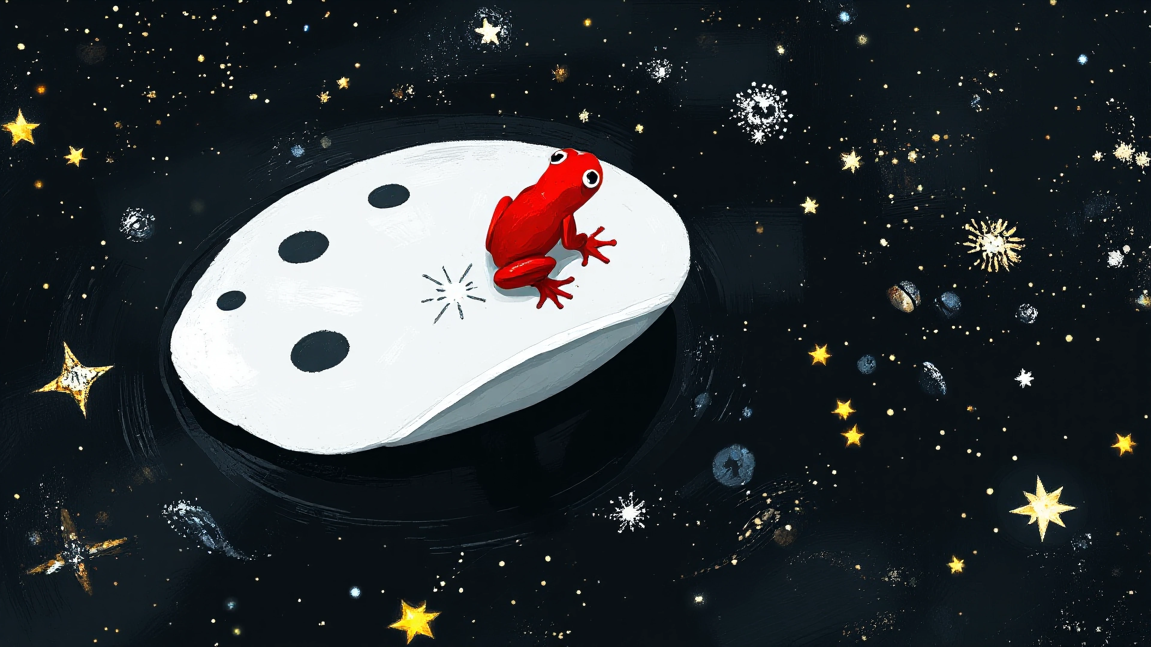 High quality hand-painted surreal dreamlike illustration with rich visible brushwork and textured surfaces. A bold, vibrant red frog sits on a large white lily pad covered in distinct black spots. The lily pad floats gently on a deep black cosmic pon