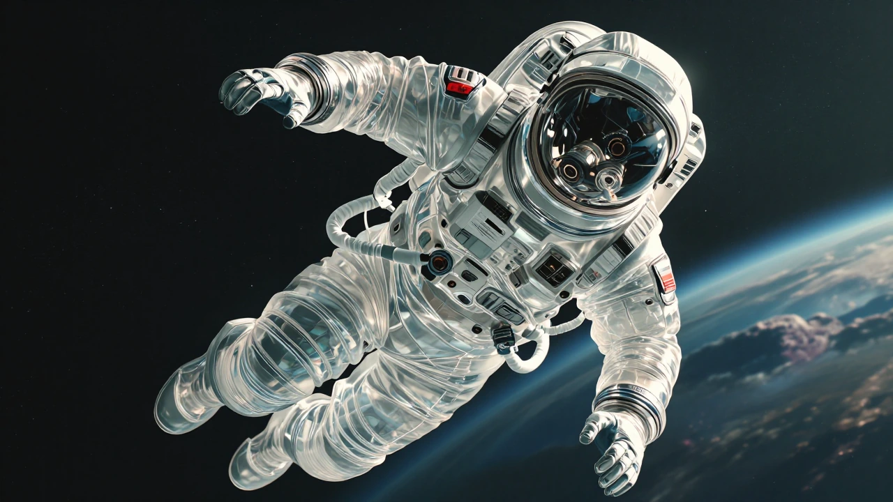 Spacesuit floating in space seemingly an empty suit