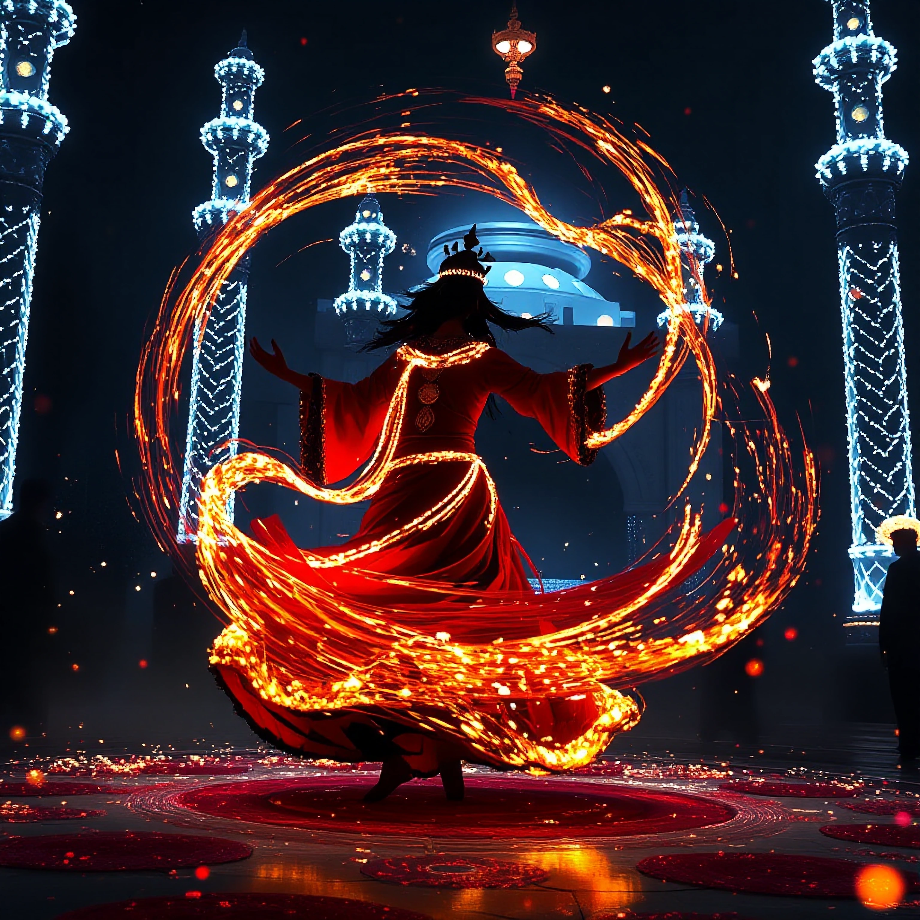 a Derwish dancer, dark evil twirling around the dancer, background is Mevlana in Konya,