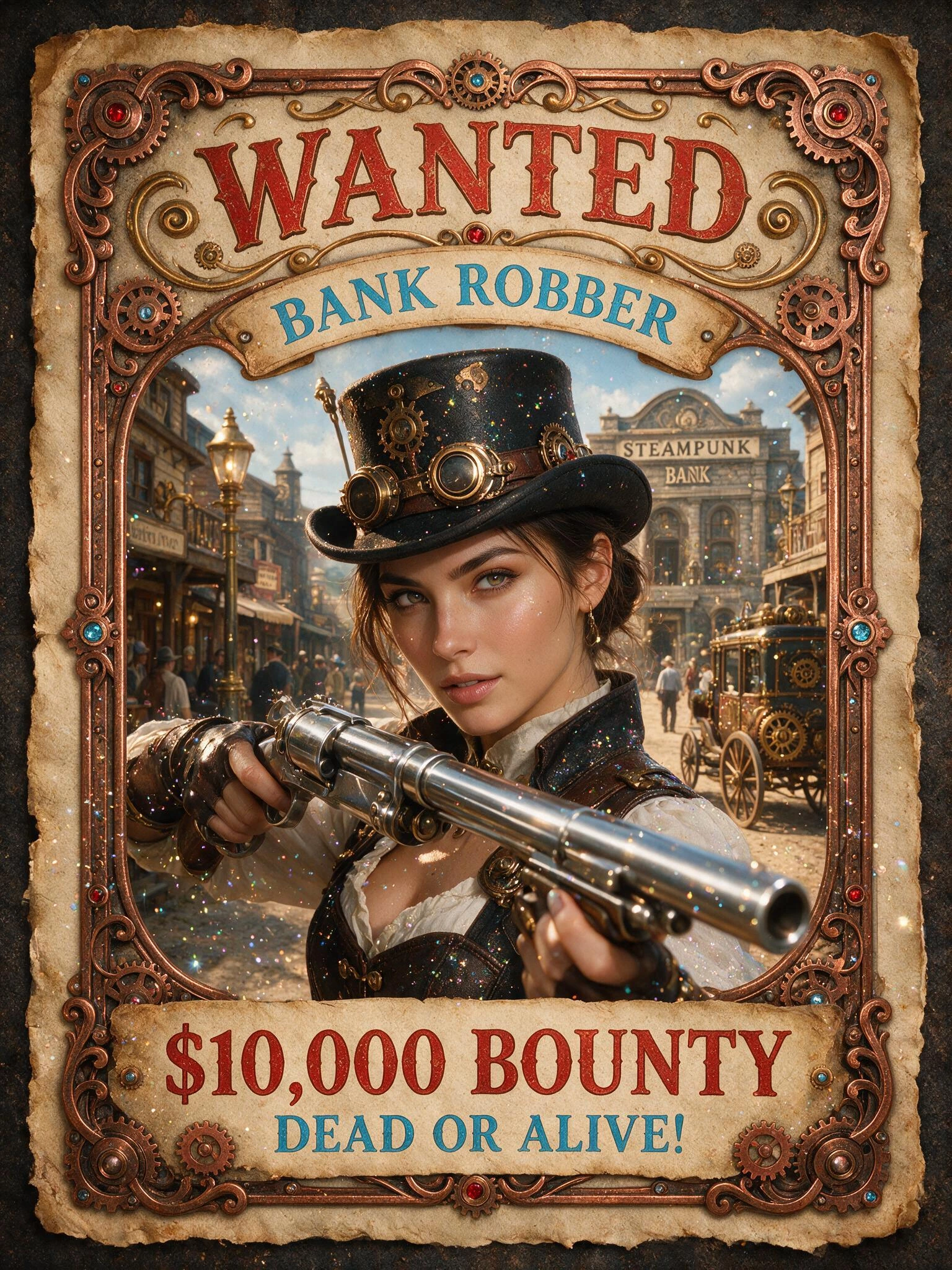 Steampunk Wanted Poster: Sleek Beautiful Female Steampunk Bank Robber, Colour Red and Azure, Glitter, Polished Stainless Steel Weapons, Eye contact, $10,000 Bounty Dead or Alive!