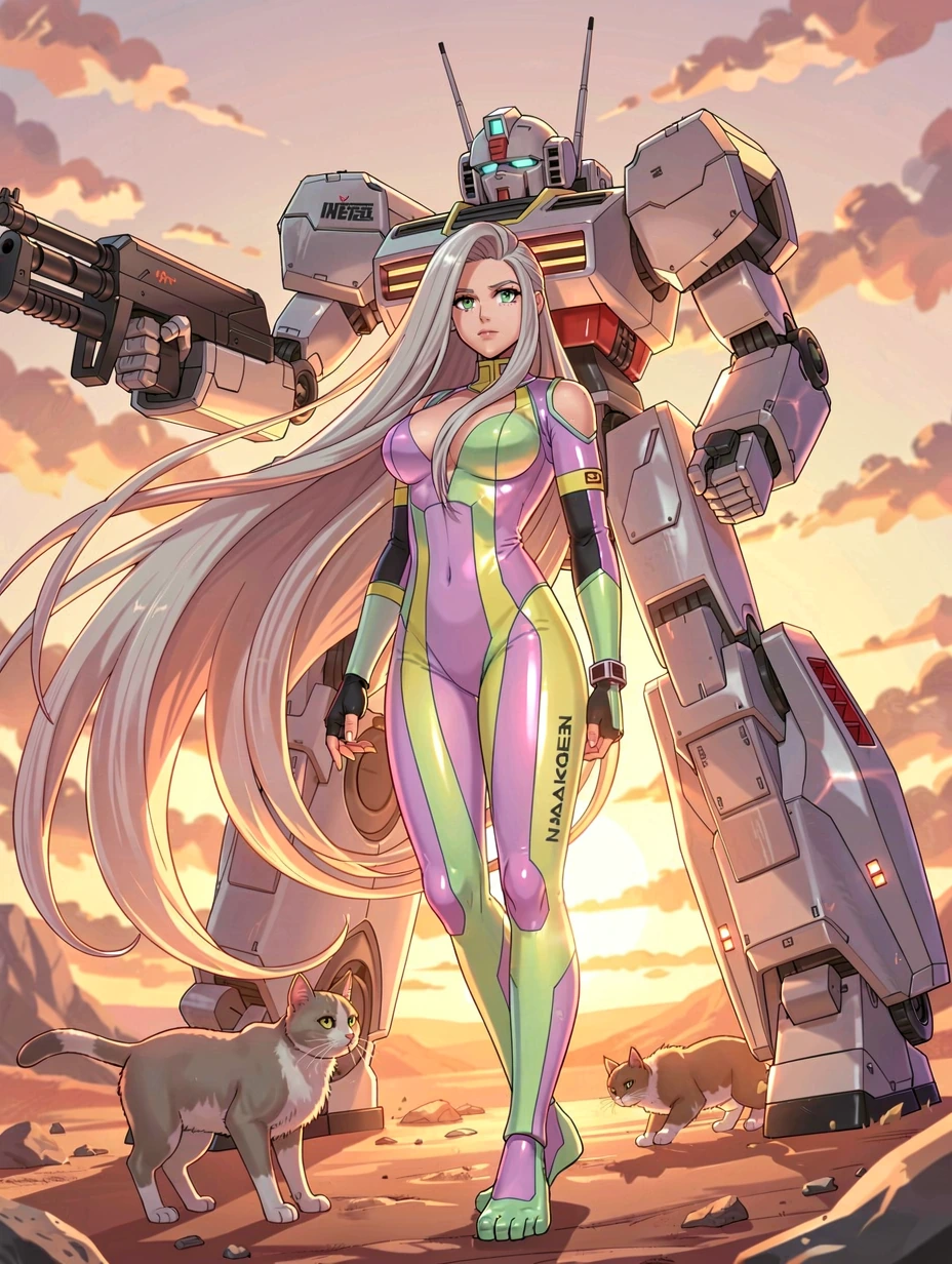 woman warrior long flowing platinum ombre hair with her cat and a giant mech, wearing a lavender pink yellow seafoam green glass jumpsuit, at sunrise