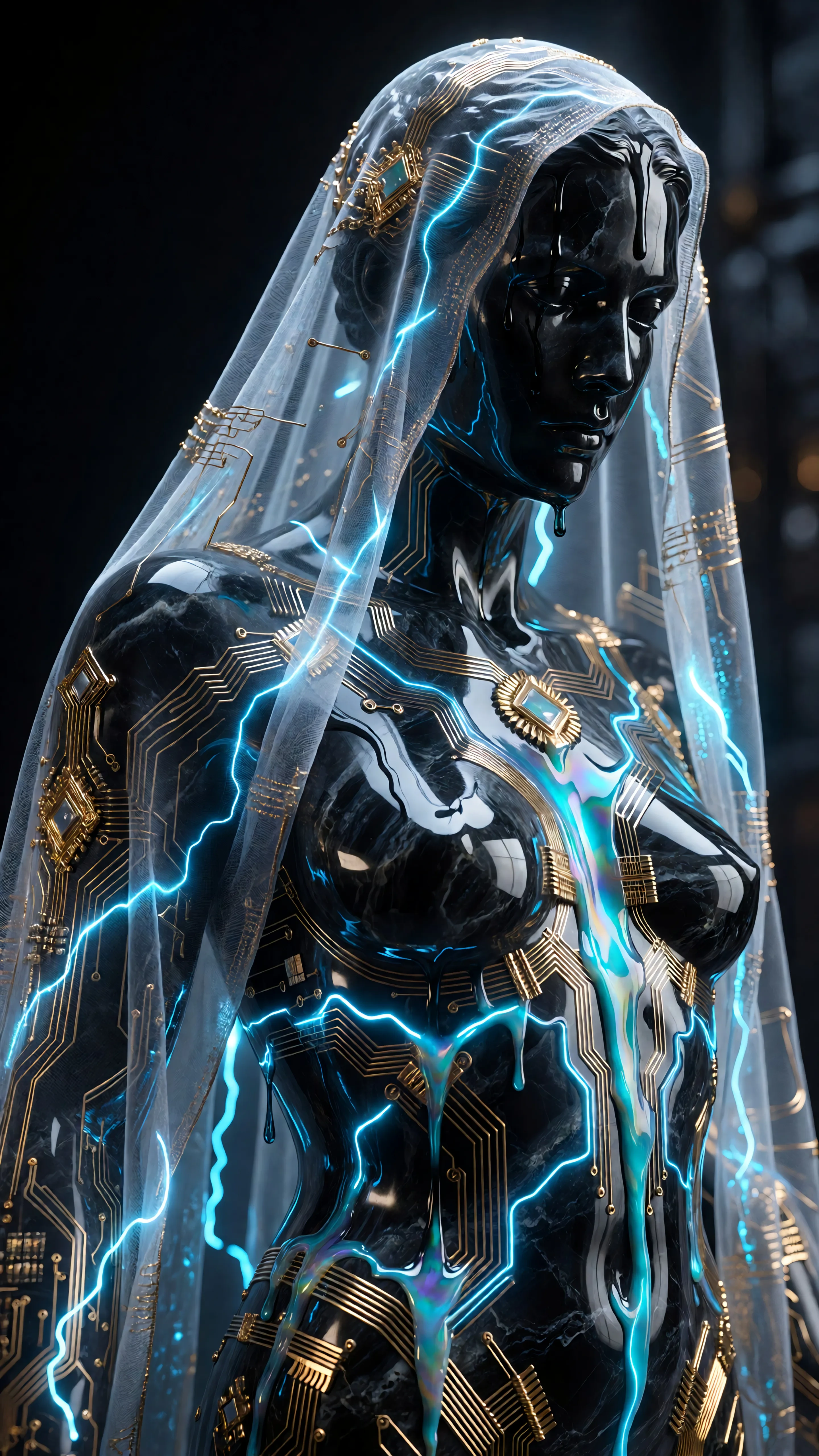 A cinematic 4K ultra-detailed shot of a motionless onyx figure draped in a translucent veil of digital silk with gold filament circuitry. The video begins with a clean, surgical pulse of electric blue lines beneath the veil. Then, the veil undergoes