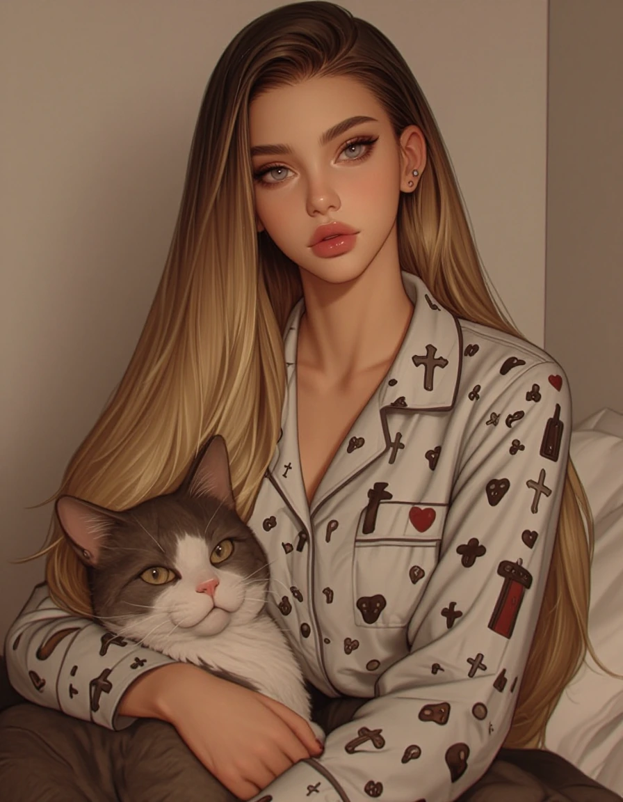 Woman long straight ombré hair, transformer pajamas, rest with a cat, daz3d airbrushed