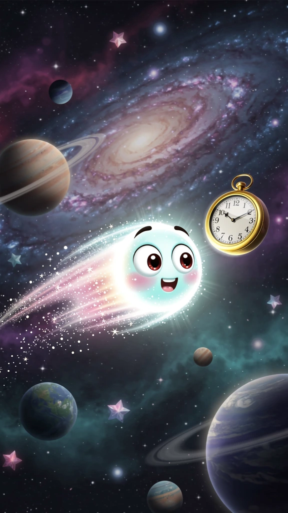 A whimsical cinematic scene of a small glowing comet that missed its appointment, drifting late through space with a funny and charming expression. The comet has a sparkling tail, a tiny clock floating nearby showing it is overdue, and a surprised lo