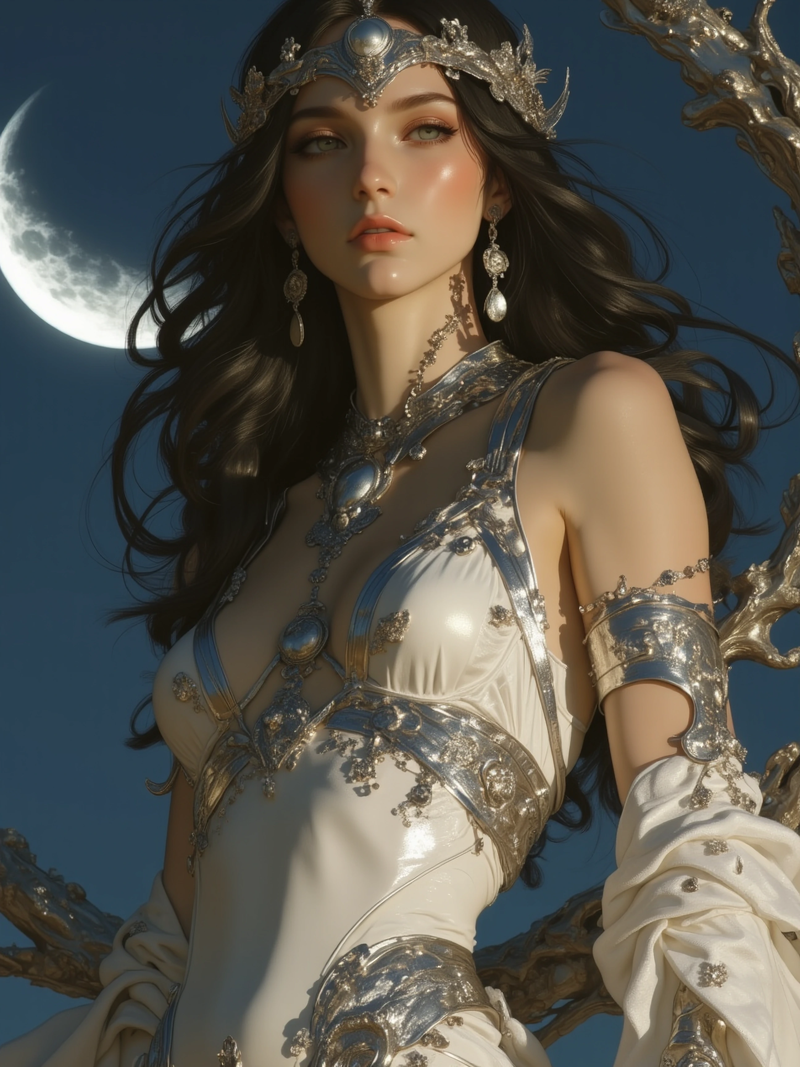 A stunningly beautiful young goddess with sensual eyes full lips and lustrous long wavy hair dressed in gossamer silks adorned with polished silver that accentuates her sleek lithe and highly defined muscular and curvaceous form. Her divinely feminin