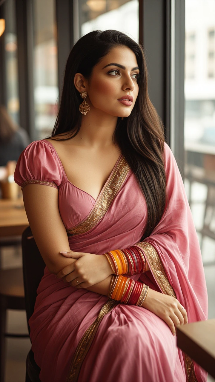 Realistic photography portrait of a beautiful young woman with medium dusky wheatish skin, long loose straight dark brown-black hair worn down, sitting near a large glass window inside a cafe. She wears a dusty rose silk saree with gold zari border e