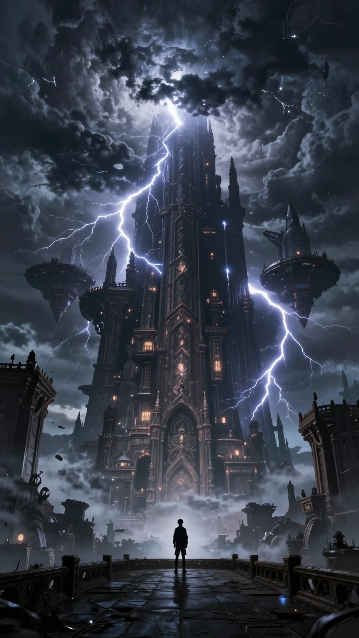 Cinematic anime fantasy landscape, towering mysterious dungeon inside a perpetual storm, lightning illuminating ancient floating platforms and ruined towers, dramatic dark clouds and electric arcs, small silhouette of a lone traveler standing on a hi