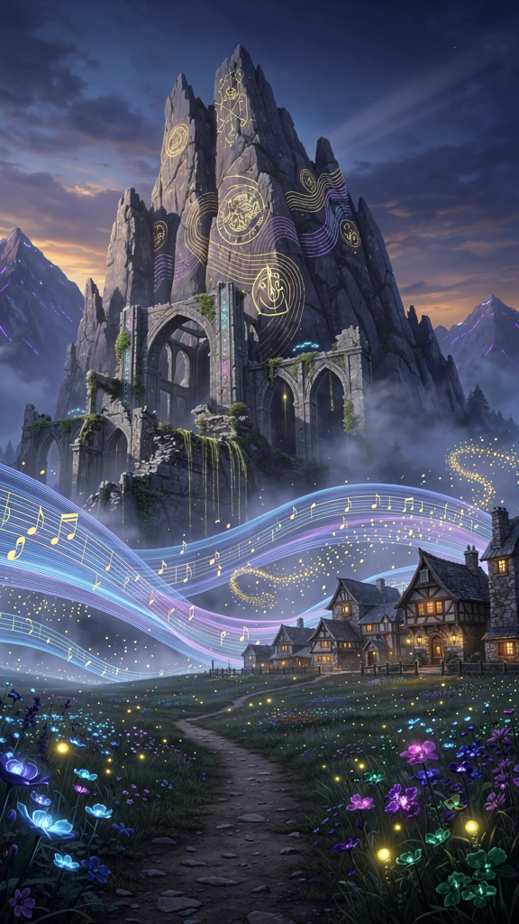 A majestic enchanted mountain that hums at dusk, its enormous cliffs glowing with subtle golden and violet patterns that pulse like musical vibrations