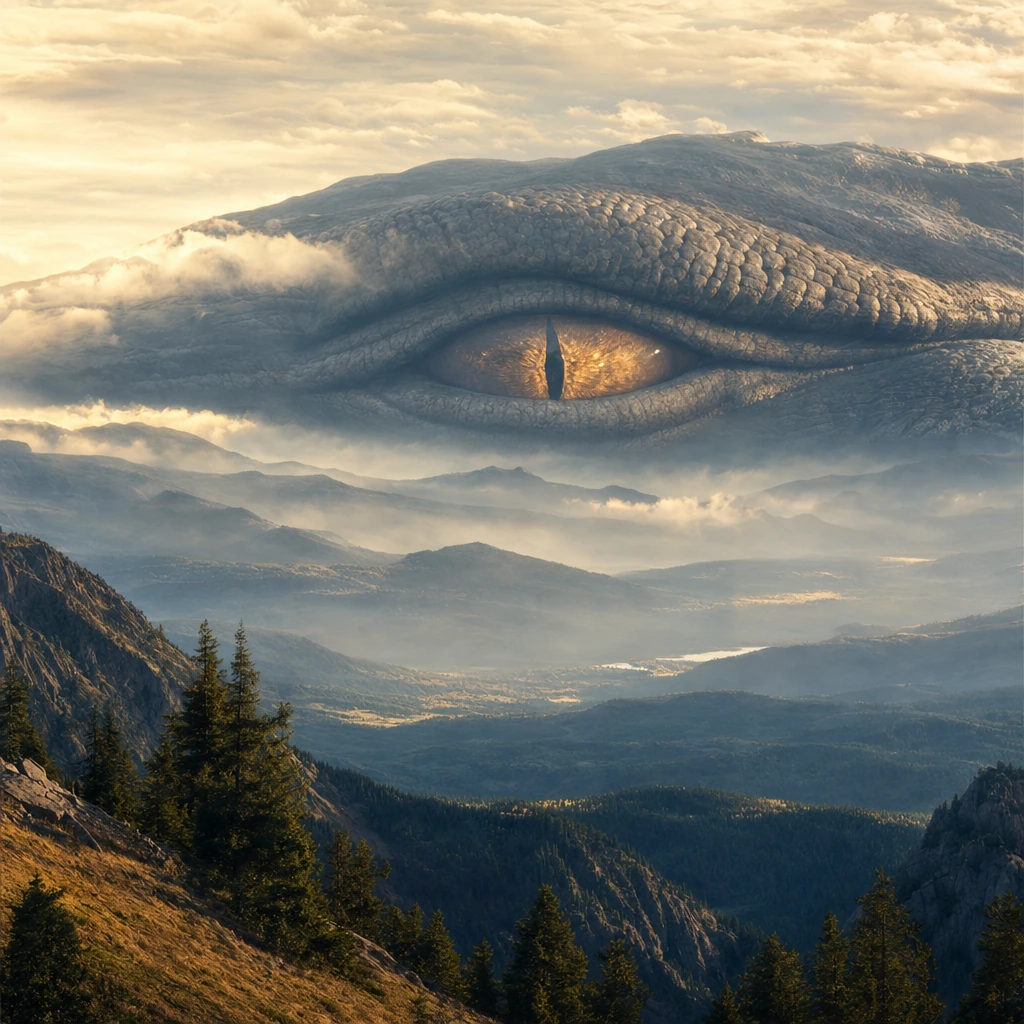 Vast photorealistic landscape at golden hour—mountains, forests, and valleys rendered with documentary precision—but the entire distant horizon subtly breathes and shifts with the slow muscular undulation of an immense sleeping entity wrapped around 