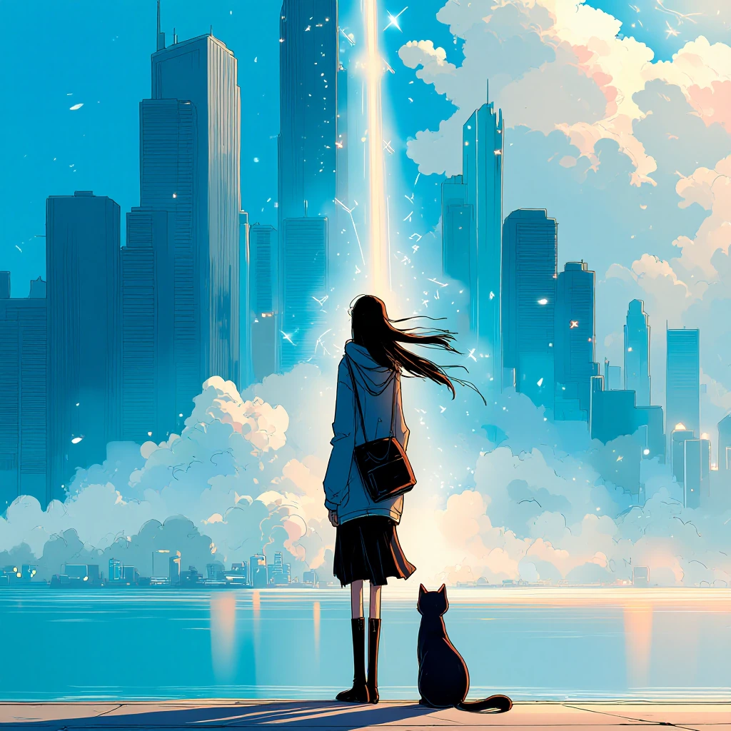 solitary girl standing back-turned on urban shoreline, Makoto Shinkai atmospheric lighting, volumetric light shafts piercing through clouds, white hooded jacket with flowing fabric, black skirt, black boots, long cascading black hair catching golden 