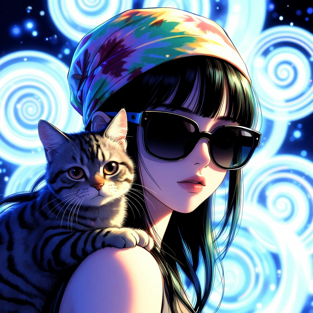Close-up portrait of a young woman wearing a tie-dye headwrap and oversized sunglasses with a tabby cat perched on her shoulder, detailed manga illustration with glowing ethereal lighting and trippy spiral motifs behind them.