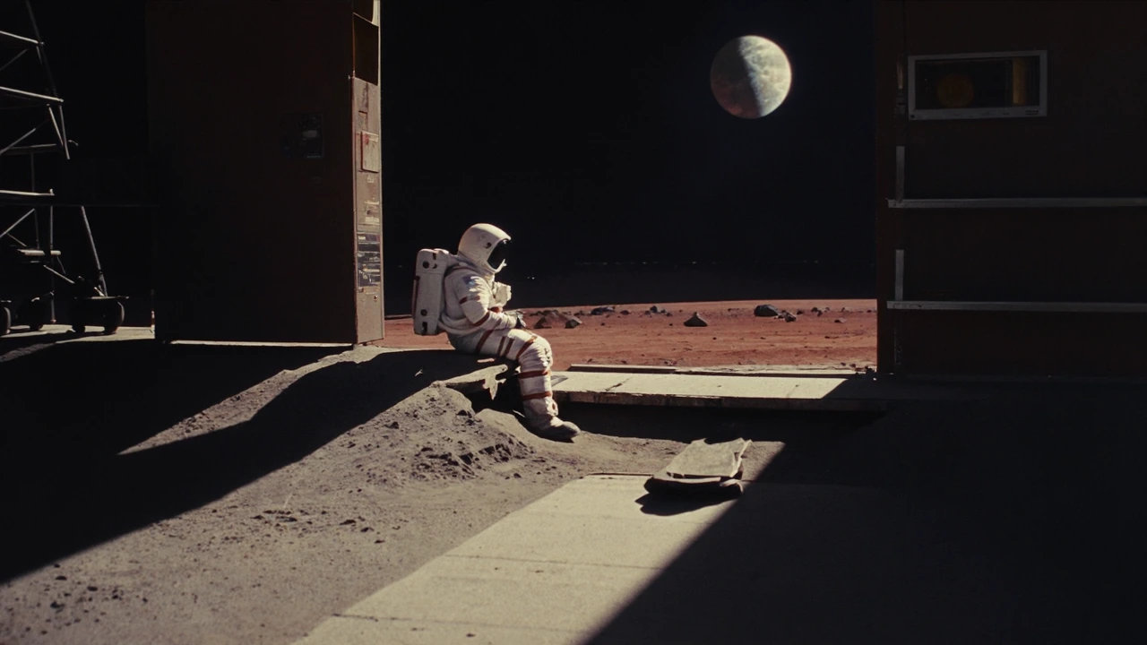 cinematic lighting, dramatic shadows, 35mm film grain, shallow depth of field, a lone astronaut sitting on the edge of a crater on Mars, looking out a