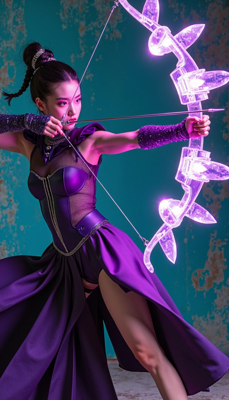 In the style of NijiPaint, A fantasy warrior woman in an elaborate avant-garde outfit, captured mid-motion in an archer-like stance. Set against a textured deep teal background, she wields a semi-transparent, high-tech bow crafted from glowing violet